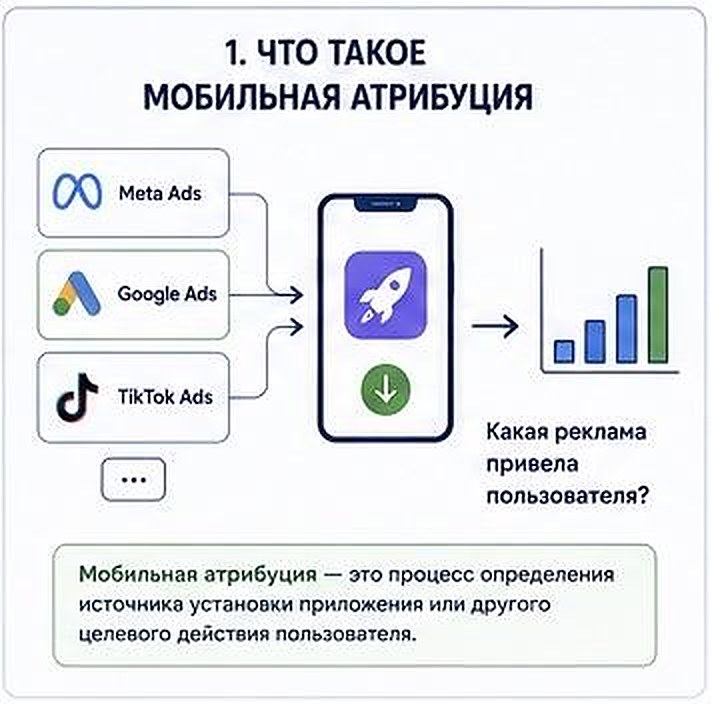 Схема: реклама в Meta Ads, Google Ads и TikTok Ads ведёт к установке приложения, атрибуция определяет, какая именно реклама привела пользователя