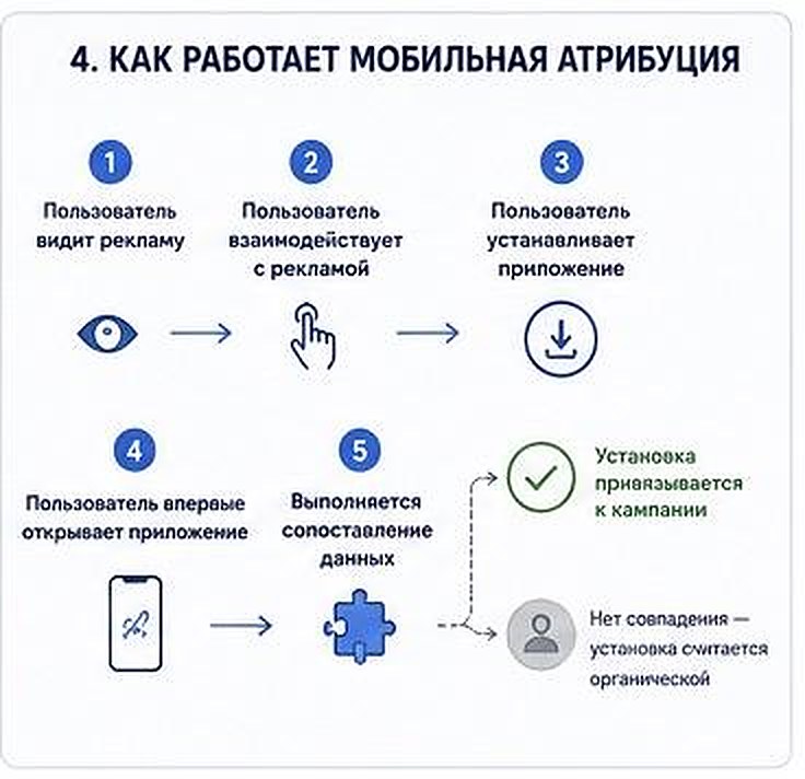 Пять шагов работы мобильной атрибуции: пользователь видит рекламу, взаимодействует с ней, устанавливает приложение, впервые открывает его, выполняется сопоставление данных
