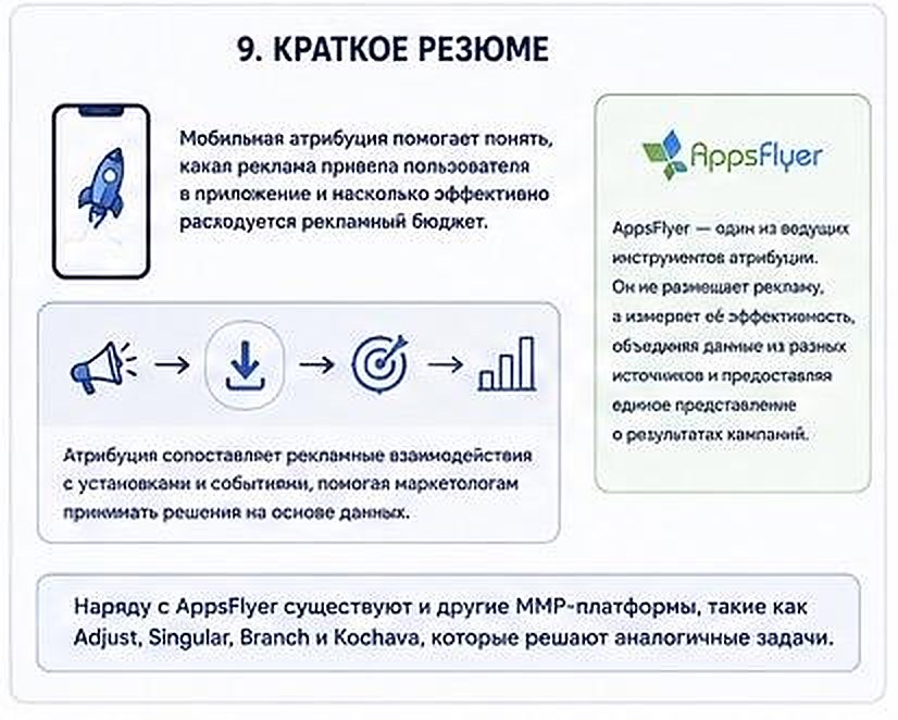 Краткое резюме: атрибуция сопоставляет рекламные взаимодействия с установками и событиями, AppsFlyer — один из ведущих инструментов, наряду с Adjust, Singular, Branch и Kochava